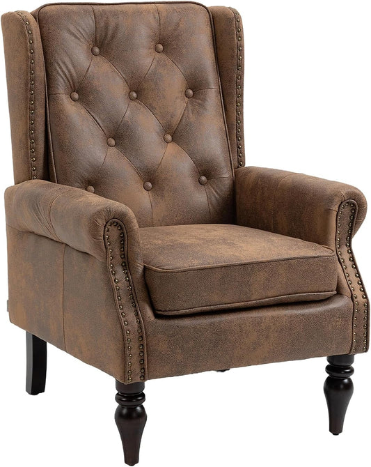 Tabaray Microfiber Accent Chair, Modern Living Room Chairs, Button Tufted Wingback Armchair with Wood Legs, Upholstered Bedroom Chair with Rivet Decoration, Leisure Reading Chair, Coffee