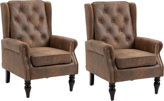Tabaray Microfiber Accent Chair Set of 2, Modern Living Room Chairs, Button Tufted Wingback Armchair with Wood Legs, Upholstered Bedroom Chair with Rivet Decoration, Leisure Reading Chair, Coffee