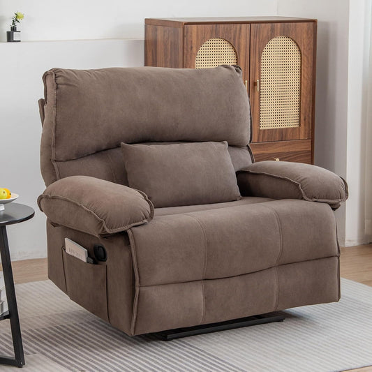 Tabaray Oversized Recliner Chair for Adult, Plus Size 49.21in Extra Wide Seat Manual Fleece Recliner with Pockets, Ergonomic Massage Heated for Living Room Bedroom Home Threater Office Lounge (Brown)