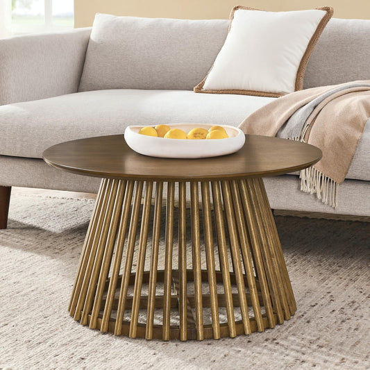 Tabaray Round Coffee Table for Living Room, Modern 31.5 Inch Wood Circle Coffee Table with Solid Wood Cross Base (Walnut Brown, 31.5in )