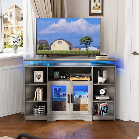 Tall Floating TV Stand, 55in Entertainment Center with LED Lights & Charging Station, Corner Media TV Table with Open Storage & Cabinet, Gray