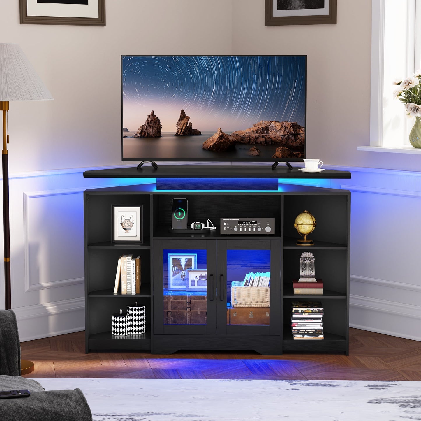Tall Floating TV Stand, 55in Entertainment Center with Open Storage & Cabinet, Corner Media TV Table with LED Lights & Charging Station, Black