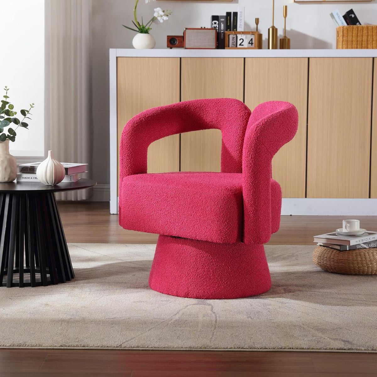 Tansole Swivel Accent Arm Chair Set of 2, Modern Boucle Upholstered 360 Degree Swivel Round Small Barrel Chair, Comfy Leisure Side Chair for Living Room, Bedroom,Rose Red,1