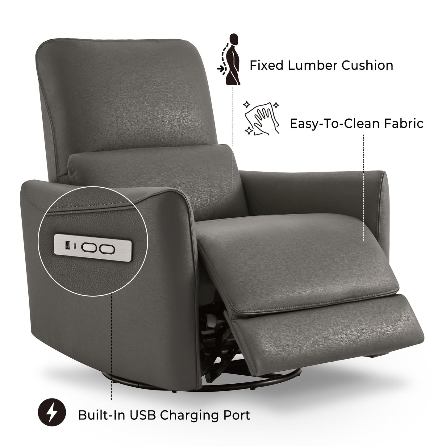 Faux Leather Power Recliner, Nursery Swivel Glider Rocker with USB, Charcoal Gray for Living Room