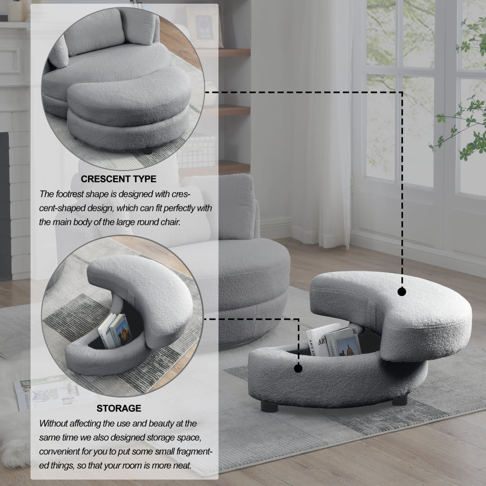 Gray, Oversized Swivel Barrel Chair with Storage Ottoman and 4 Pillows, Modern Accent