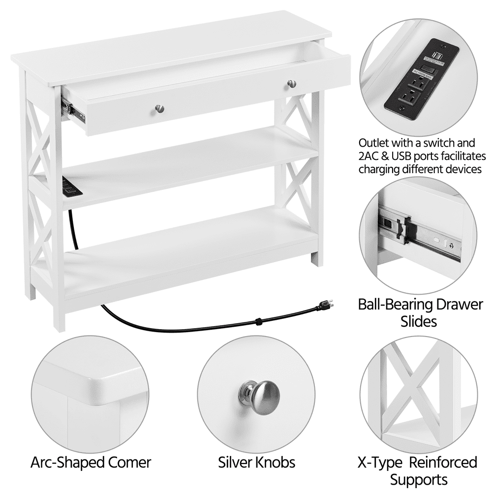 Alden Design Wooden Console Table with Power Outlet & Drawer for Entryway, White