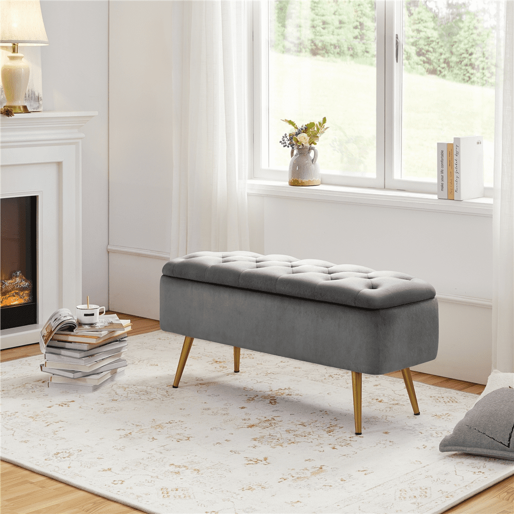 Alden Design Modern Velvet Upholstered Storage Bench with Metal Legs for Bedroom, Gray