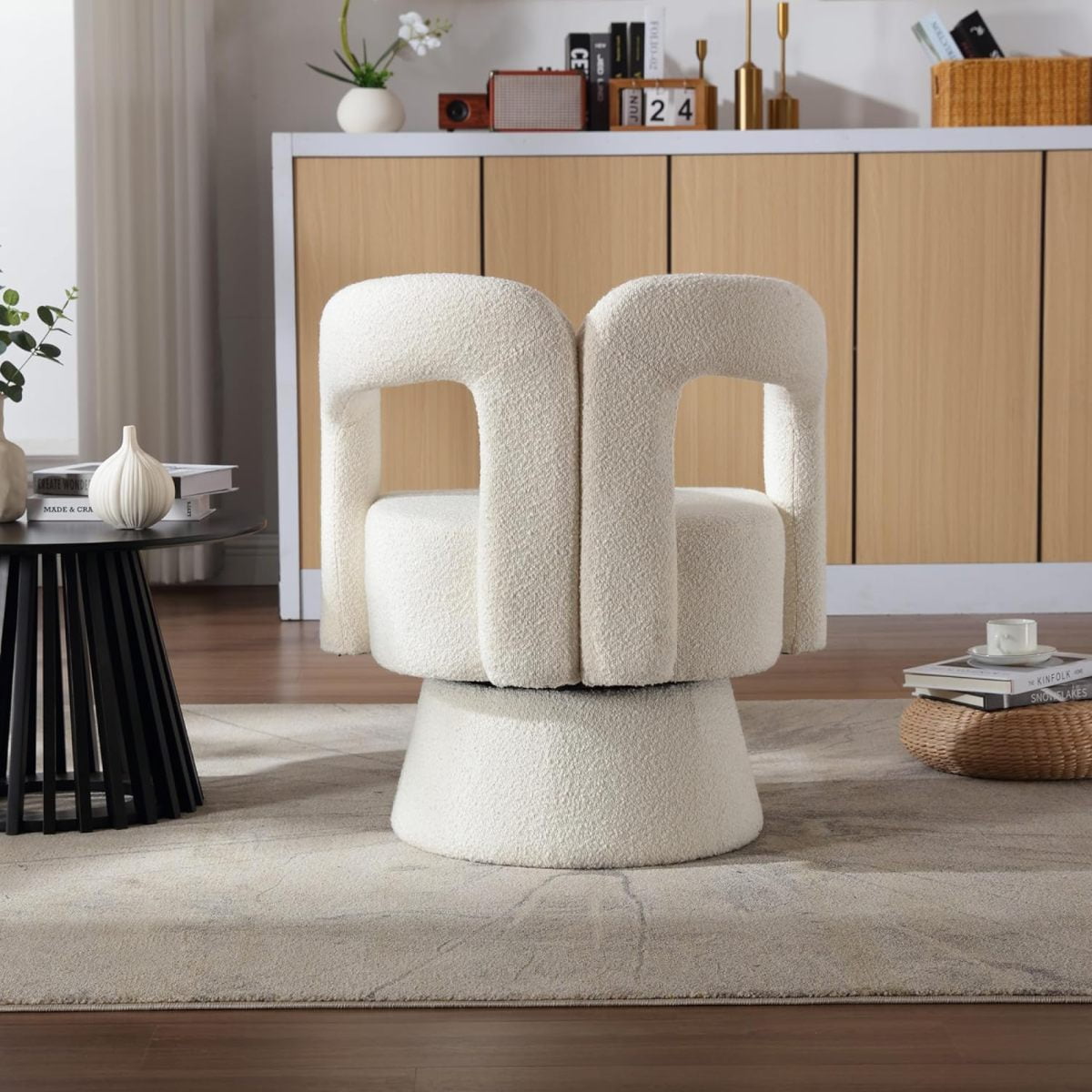 Tansole Swivel Accent Arm Chair Set of 2, Modern Boucle Upholstered 360 Degree Swivel Round Small Barrel Chair, Comfy Leisure Side Chair for Living Room, Bedroom,Beige,2