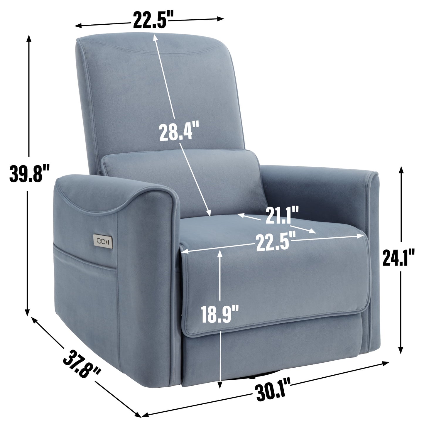 Trustyue Power Glider Swivel Rocker Recliner , Fabric Blue Chair for Living Room with USB and Type-C Ports