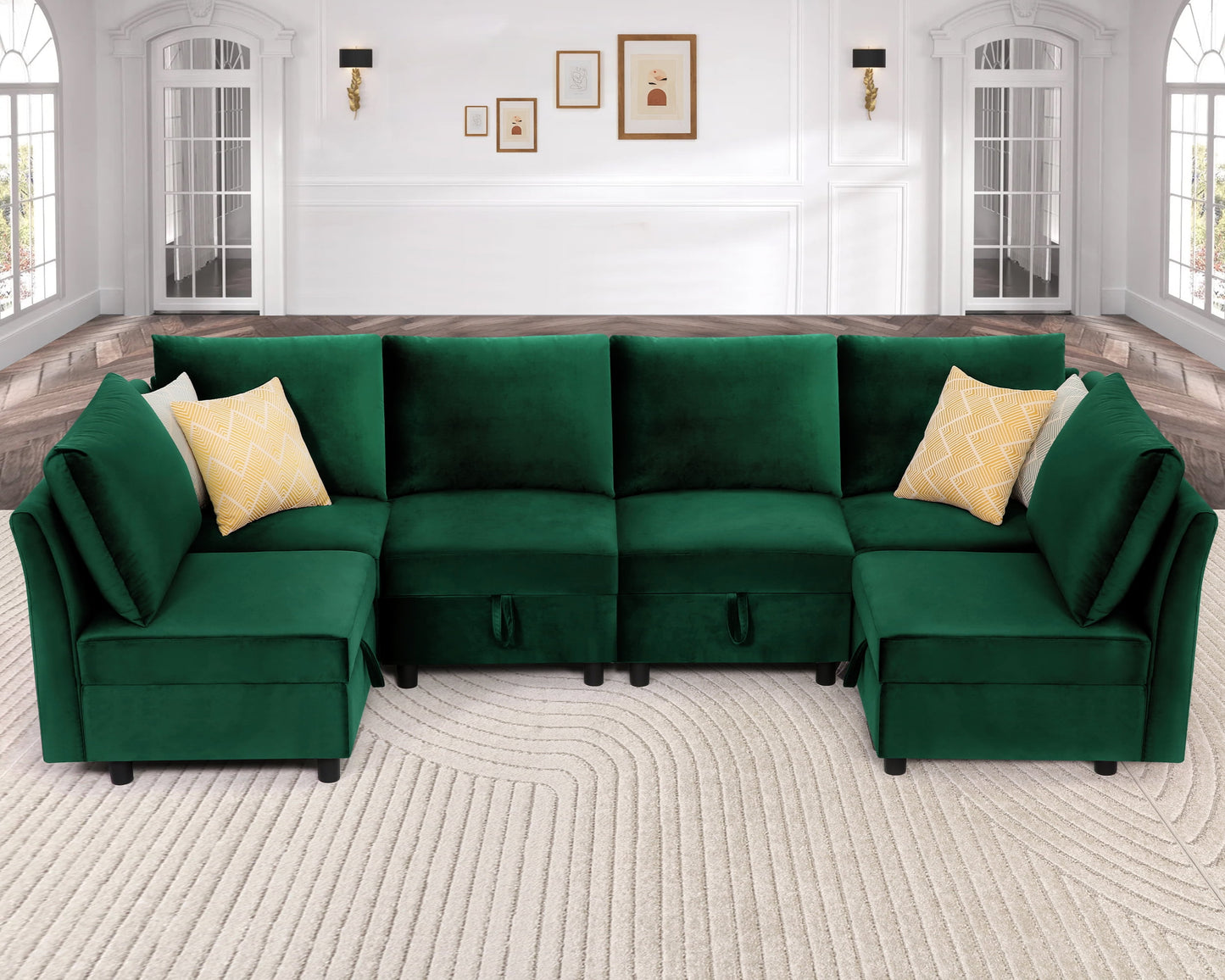 Funcid Modular Sofa and Couch, Modular Sectional Sleeper Couch with Storage, Oversized 6 Seat Convertible U Shaped Sectional Sofa for Home Living Room, Olive Green Velvet