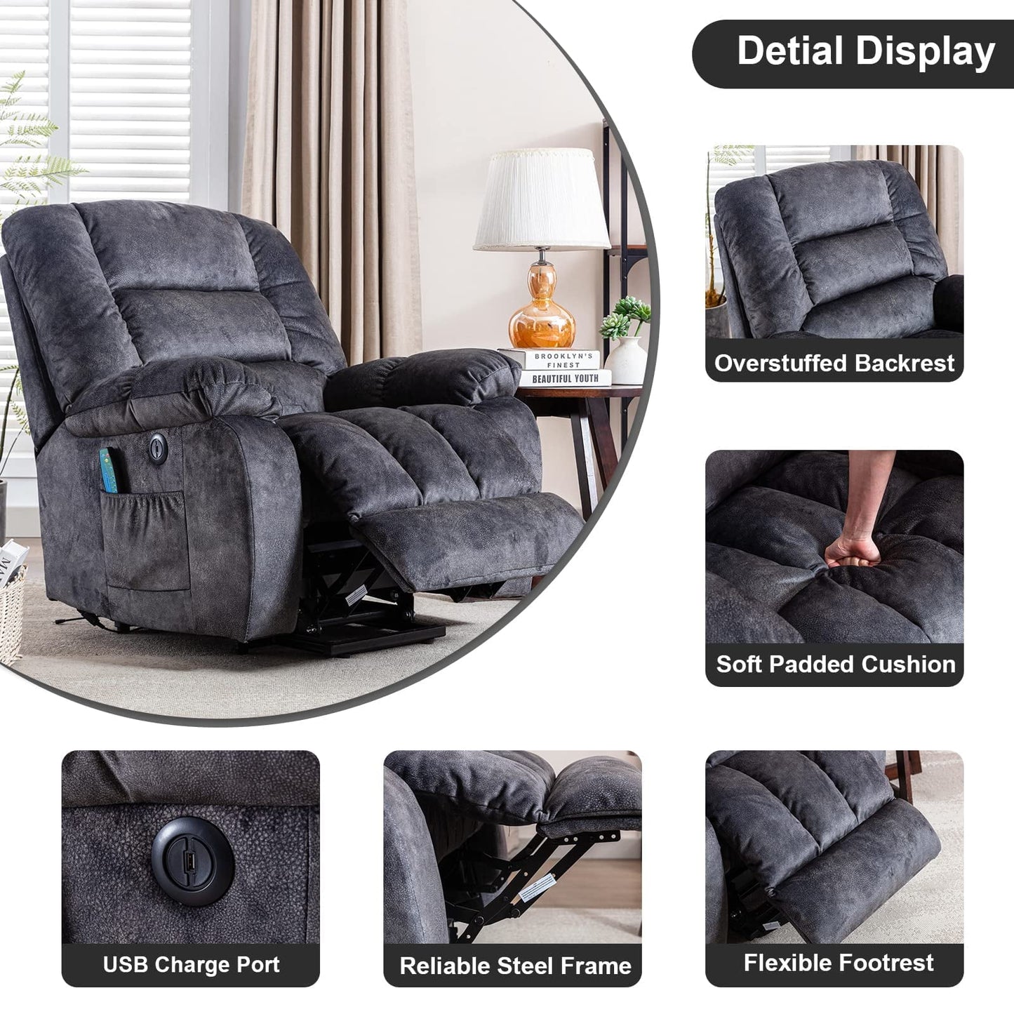 Electric Power Lift Recliner, Heavy Duty 330lbs Velvet Sofa Chair for Elderly, Ergonomic Lounge Single Sofa with 4 Positions Lift, Plush Arms and Remote Control, Storage Pockets, Grey, SS1817