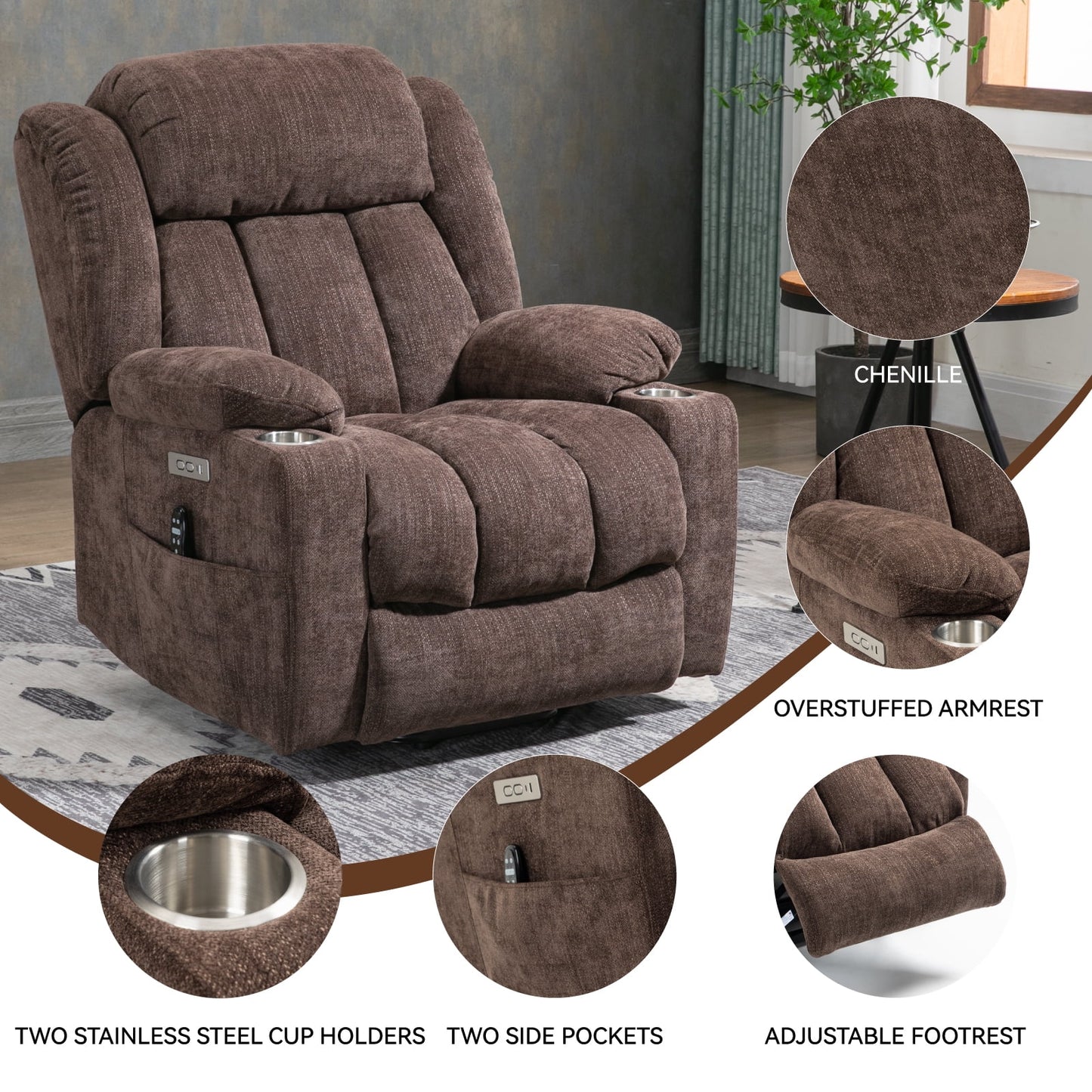 Trustyue Power Lift Recliner Chair Massage and Heating Function, USB Port, Stainless Steel Cup Holder, Chenille Brown