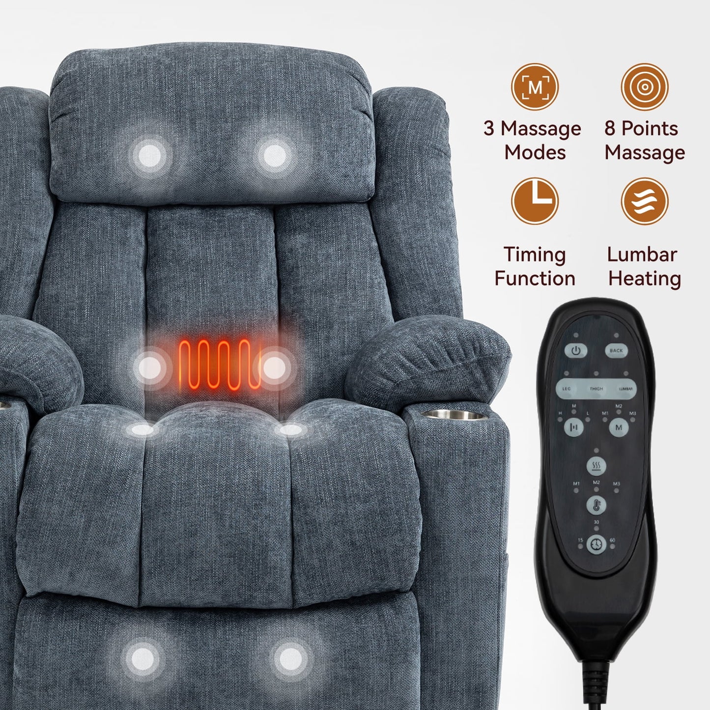 Trustyue Power Lift Recliner Chair Massage and Heating Function, USB Port, Stainless Steel Cup Holder, Chenille Blue