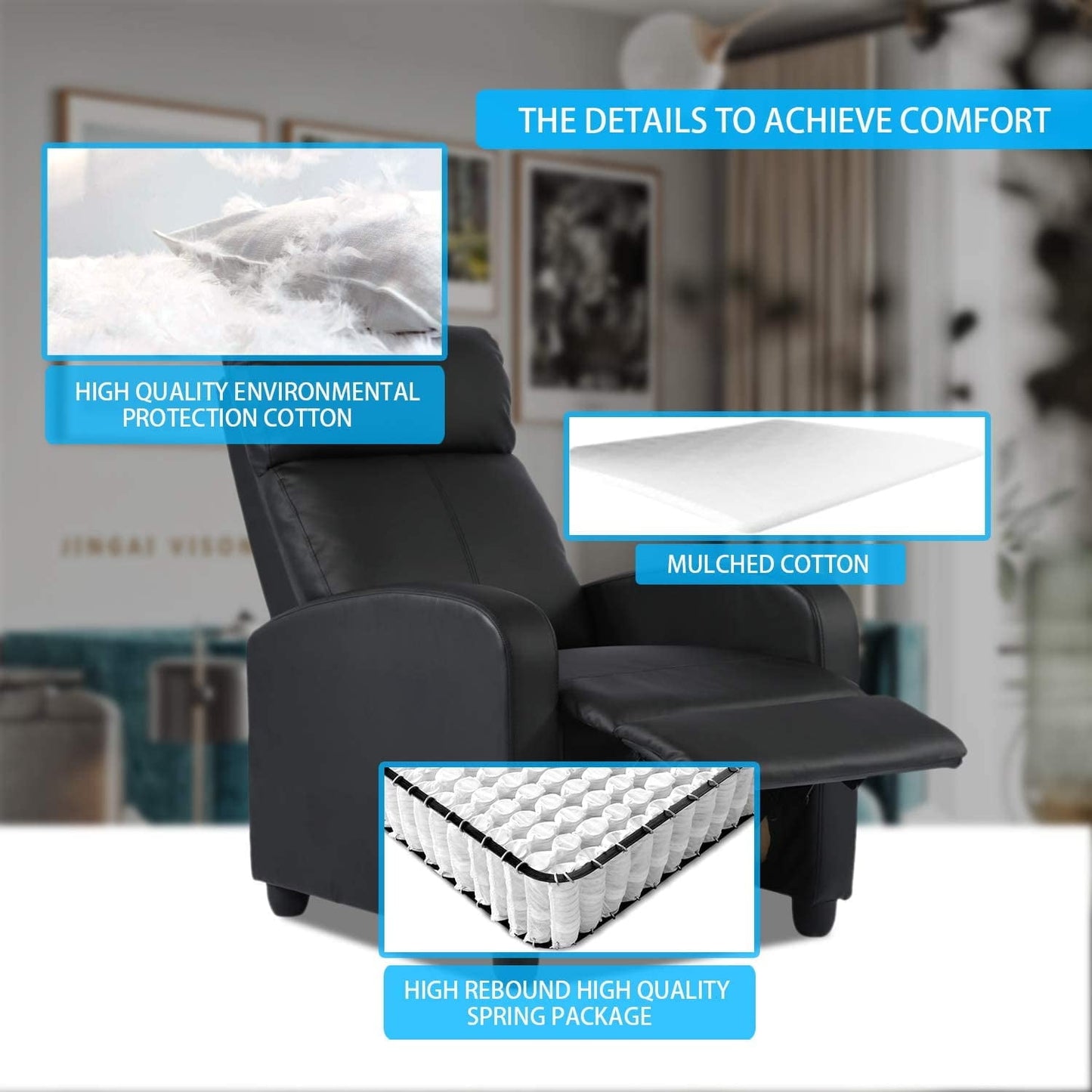 BestOffice Recliner Chair for Living Room Furniture Home Theater Seating Glider Chairs Modern Wingback Single Sofa PU Leather with Footrest (Black)