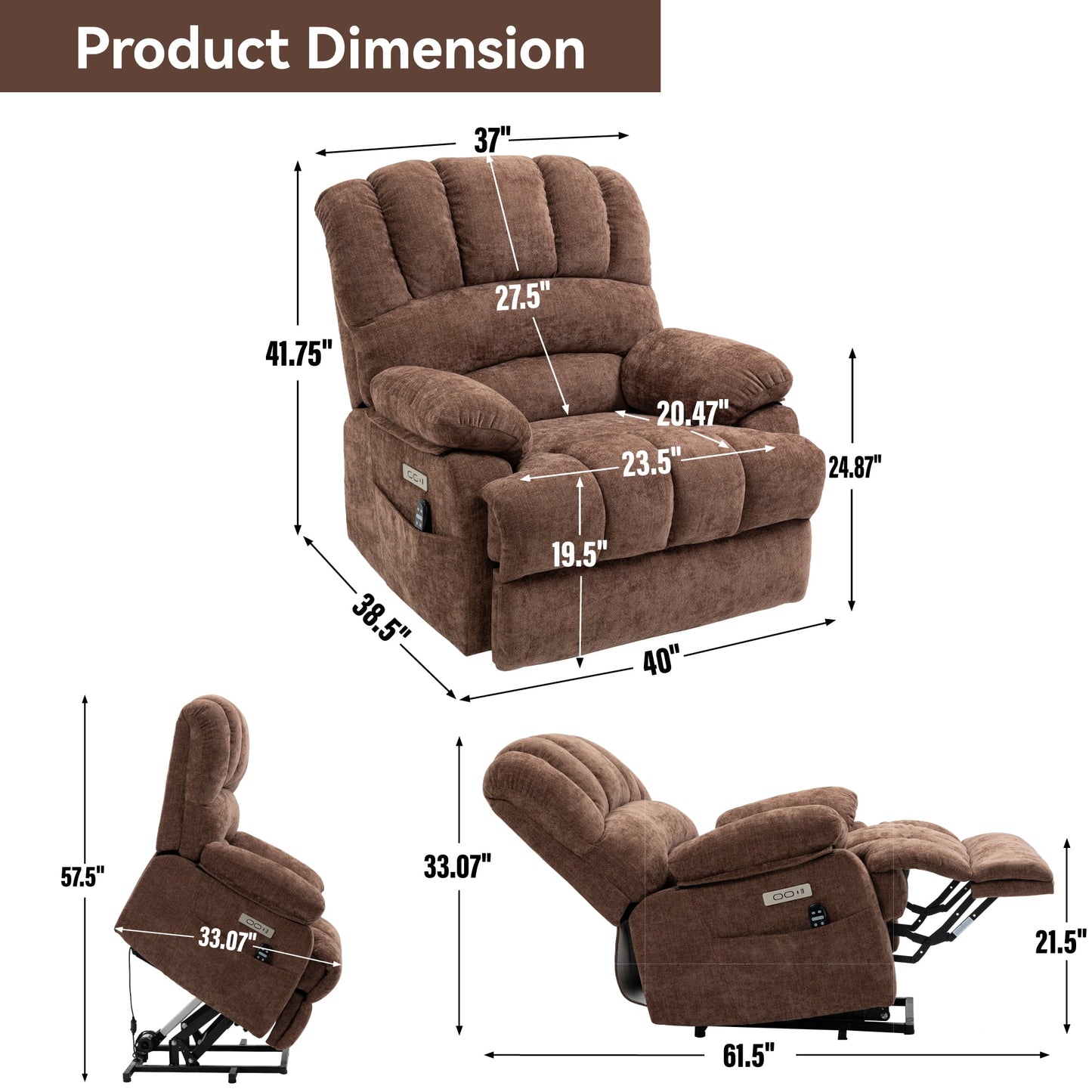 Trustyue Power Lift Recliner, Massage and Heating Function, USB °Û Type-C Ports, , Chenille Beige