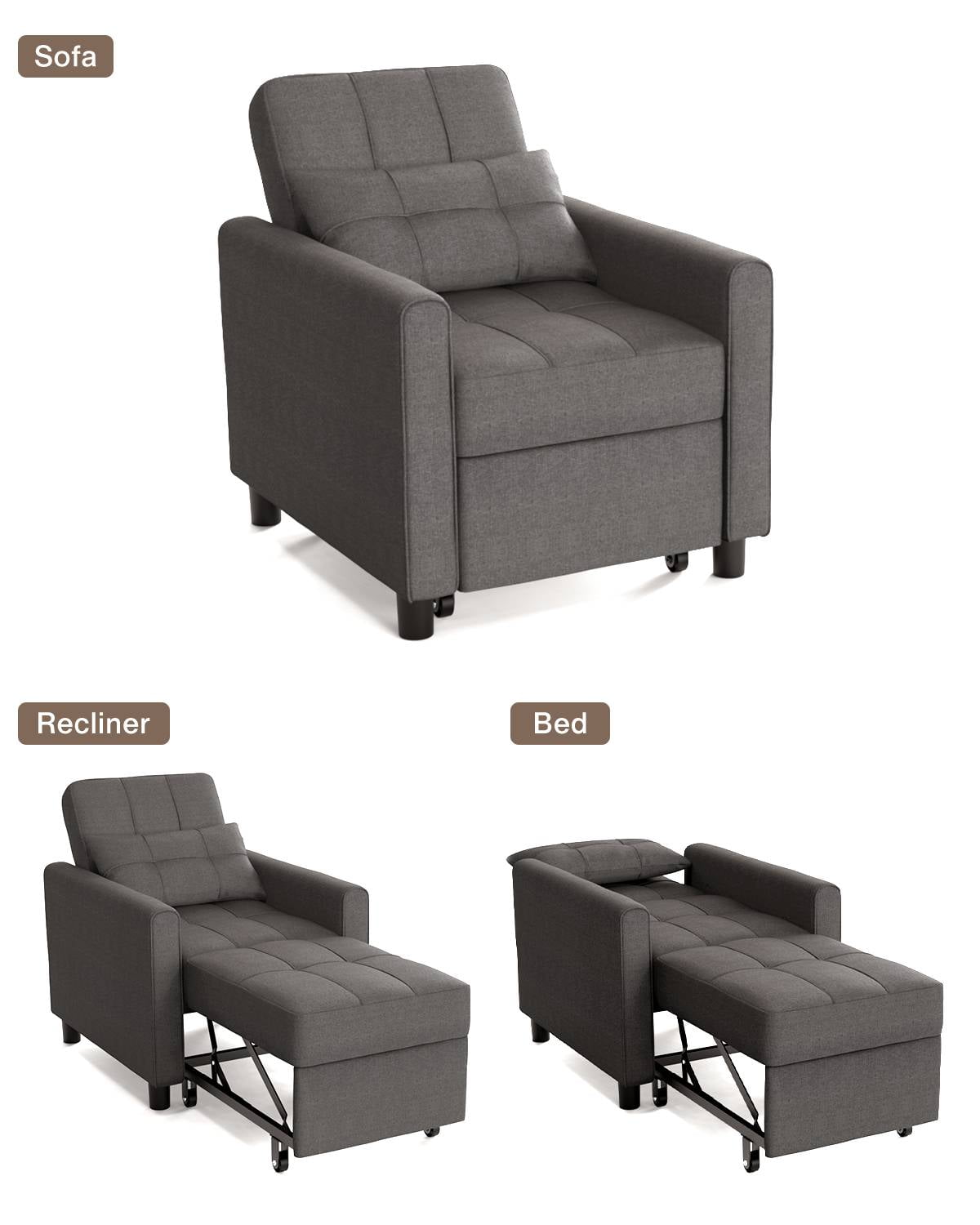 Aihos Dark Grey 3-in-1 Convertible Chair Single Bed, Sofa-An Recliner, Folds to Sleeper