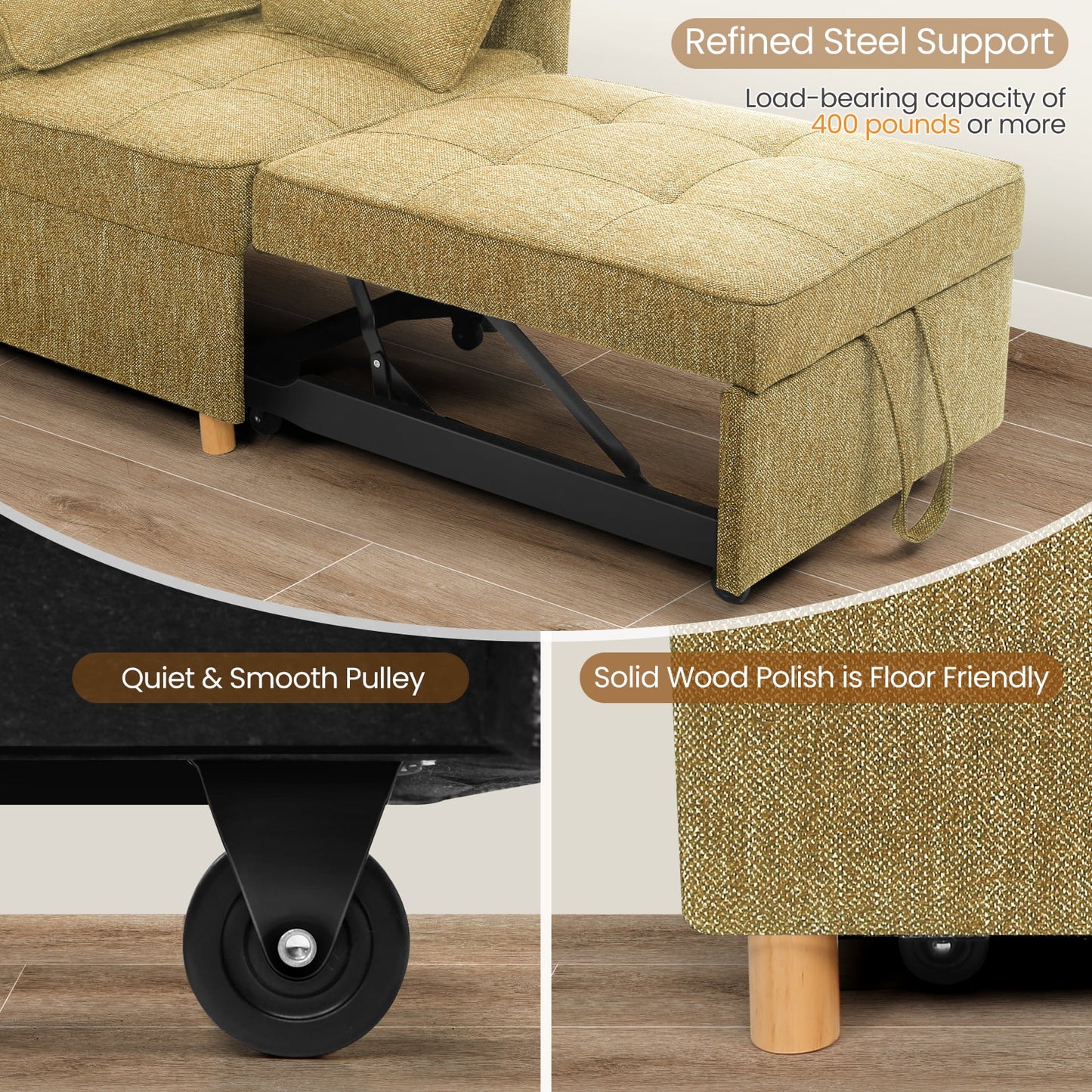 Funcid 4-in-1 Convertible Sleeper Chair Bed, Linen Sofa Bed for Small Space, Futon Sofa with 2 Throw Pillows for Living Room, Single Recliner with 5 Adjustable Backrest for Bedroom Apartment, Brown