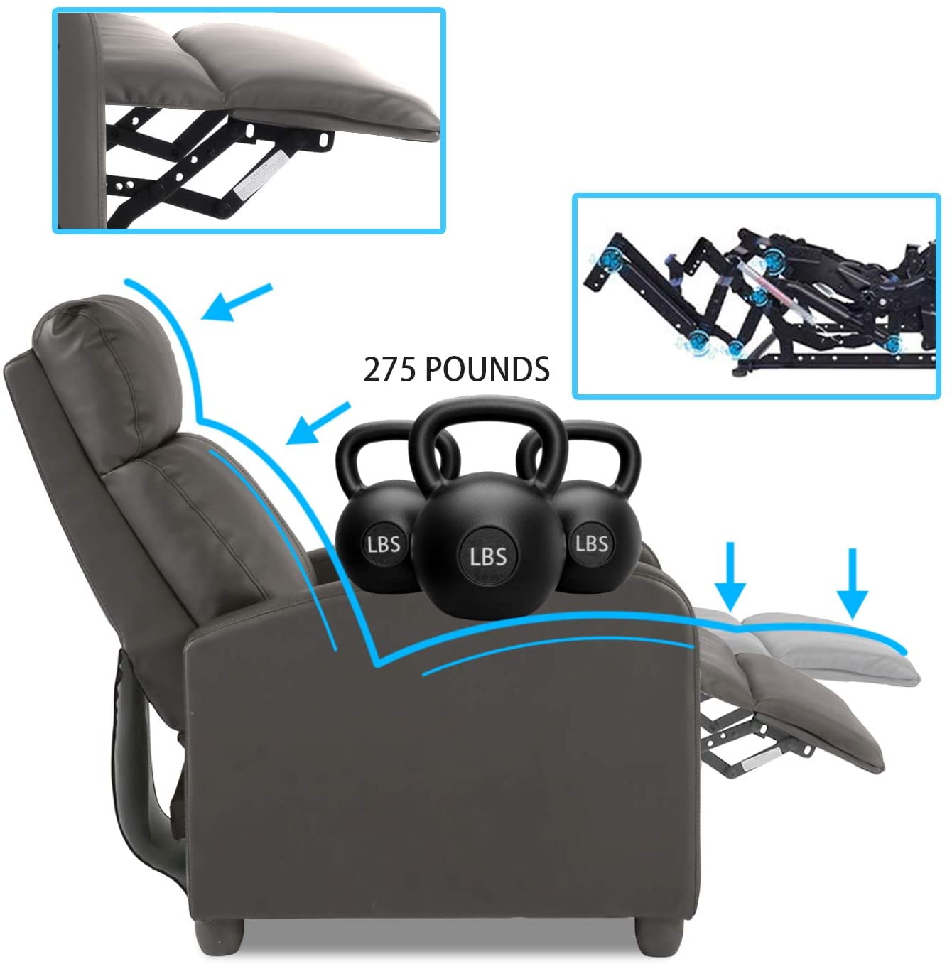 FDW Recliner Chair for Living Room Furniture Home Theater Seating Glider Chairs Modern Wingback Single Sofa PU Leather with Footrest (Grey)