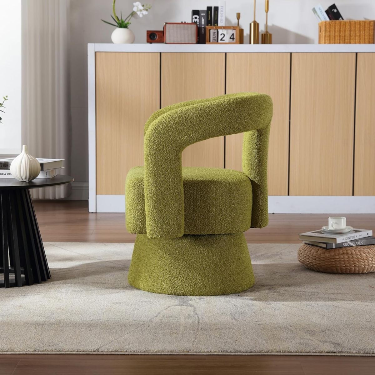 Tansole Swivel Accent Arm Chair Set of 2, Modern Boucle Upholstered 360 Degree Swivel Round Small Barrel Chair, Comfy Leisure Side Chair for Living Room, Bedroom,Olive Green,2