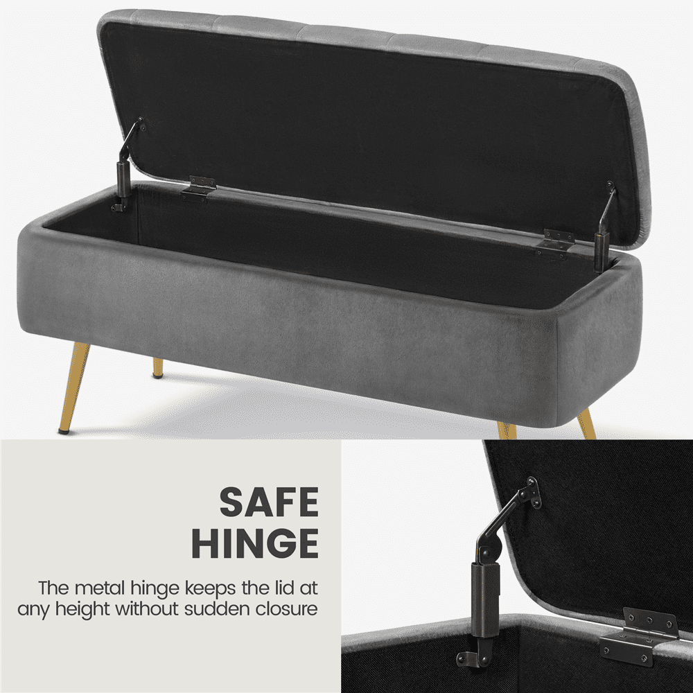 Alden Design Modern Velvet Upholstered Storage Bench with Metal Legs for Bedroom, Gray