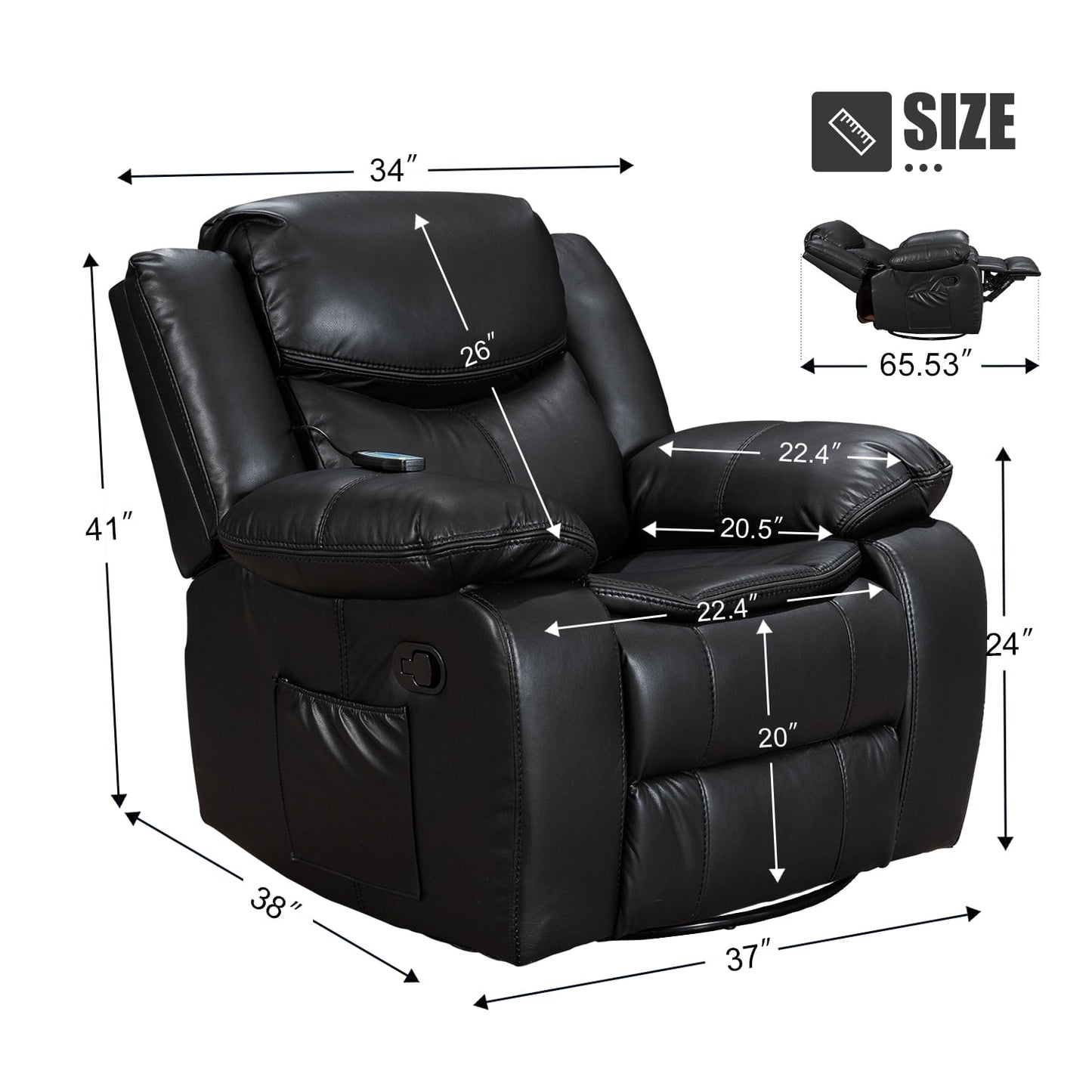 Faux Leather Recliner Chair Rocking Swivel Reclining Chair Wide Home Theater Seat for Living Room Black