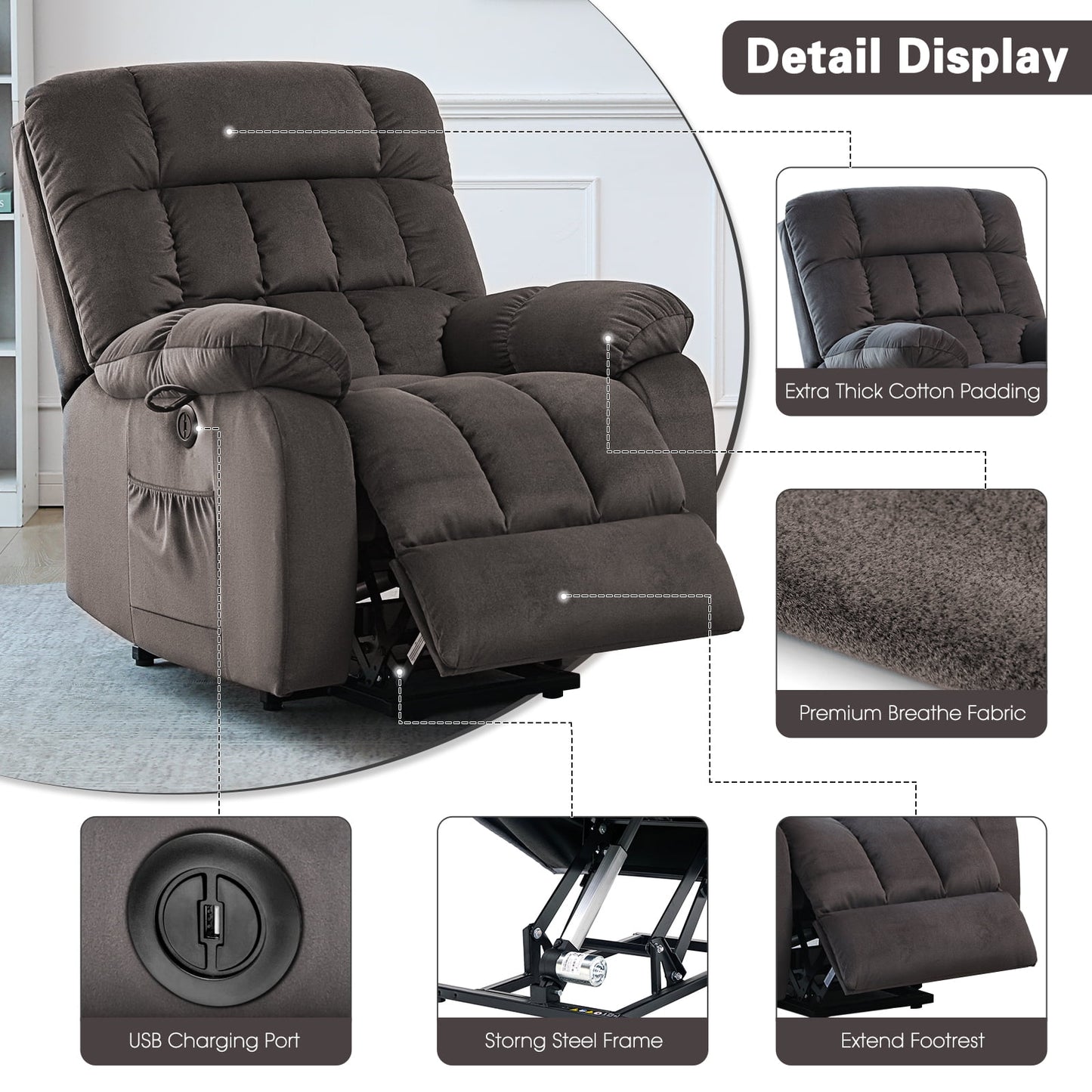 Electric Power Lift Recliner Chair with Heat & Massage, Velvet Fabric Heavy Duty Sofa for Home Living Room & Elderly
