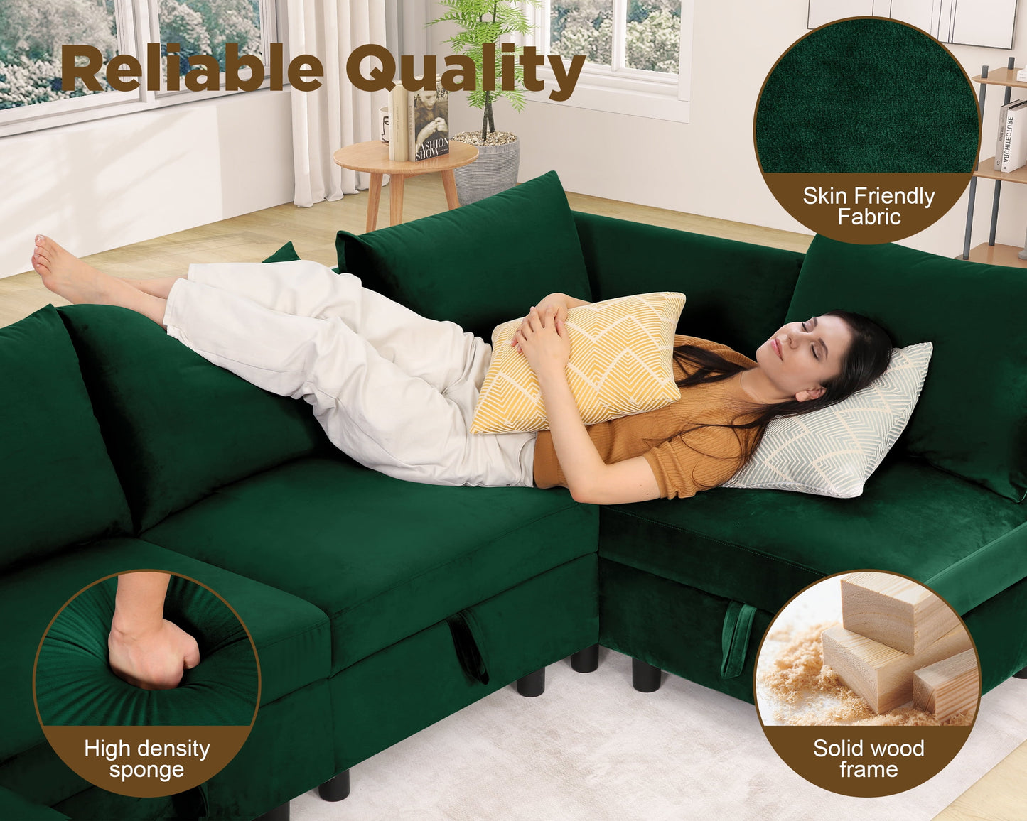 Funcid Modular Sofa and Couch, Modular Sectional Sleeper Couch with Storage, Oversized 6 Seat Convertible U Shaped Sectional Sofa for Home Living Room, Olive Green Velvet