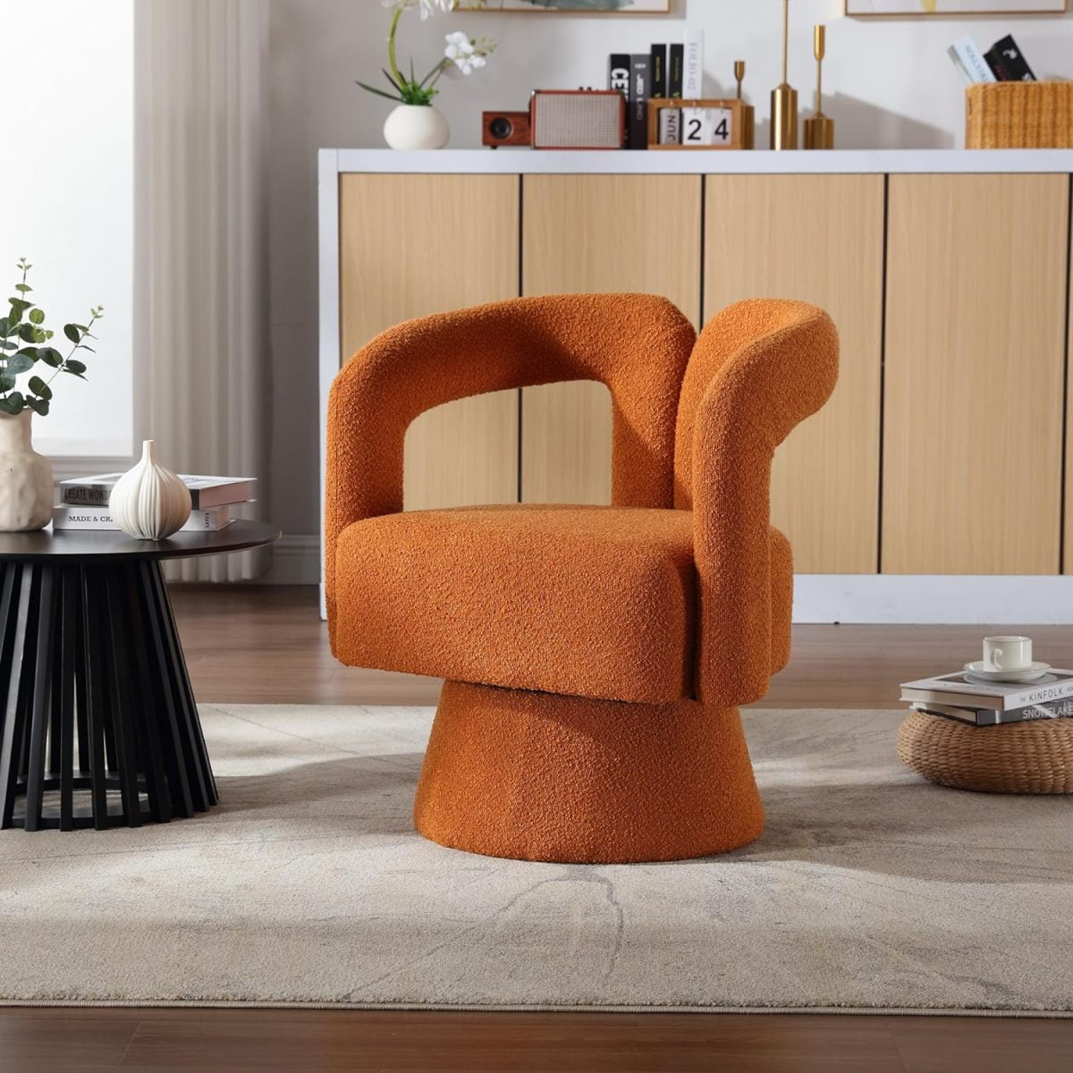 Tansole Swivel Accent Arm Chair Set of 2, Modern Boucle Upholstered 360 Degree Swivel Round Small Barrel Chair, Comfy Leisure Side Chair for Living Room, Bedroom,Orange,2