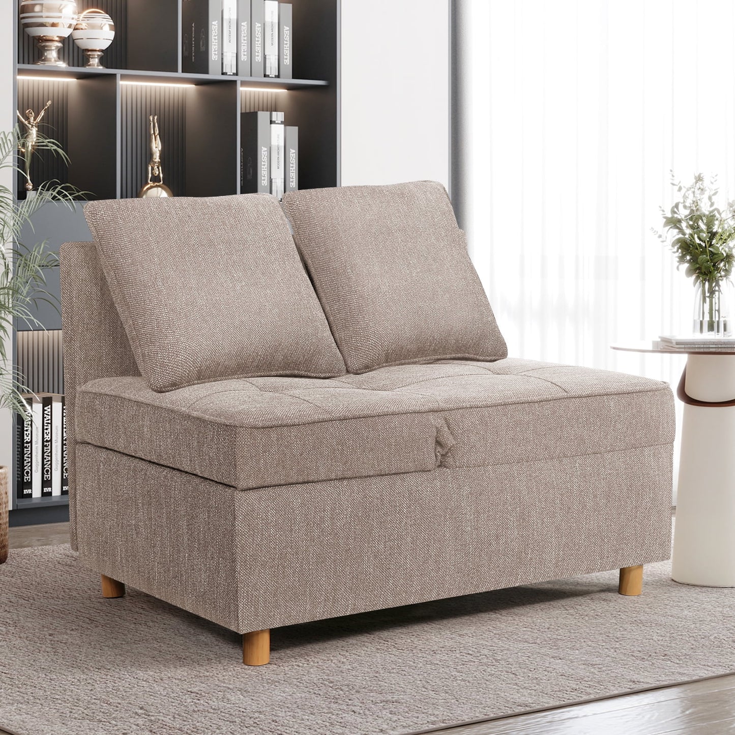 Funcid 4-in-1 Convertible Sleeper Chair Bed, Linen Sofa Bed for Small Space, Futon Sofa with 2 Throw Pillows for Living Room, Single Recliner with 5 Adjustable Backrest for Bedroom Apartment, Brown