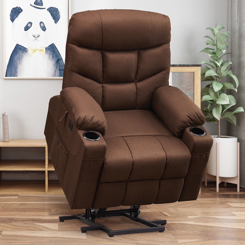 Brown Power Lift Recliner with Massage & Heat, Cup Holders, Remote Control, Elderly-User Friendly