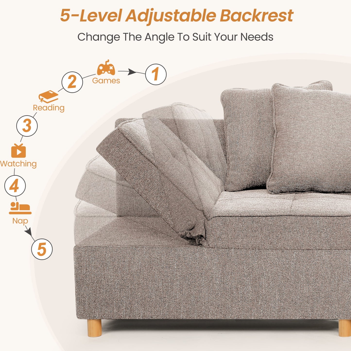 Funcid 4-in-1 Convertible Sleeper Chair Bed, Linen Sofa Bed for Small Space, Futon Sofa with 2 Throw Pillows for Living Room, Single Recliner with 5 Adjustable Backrest for Bedroom Apartment, Brown