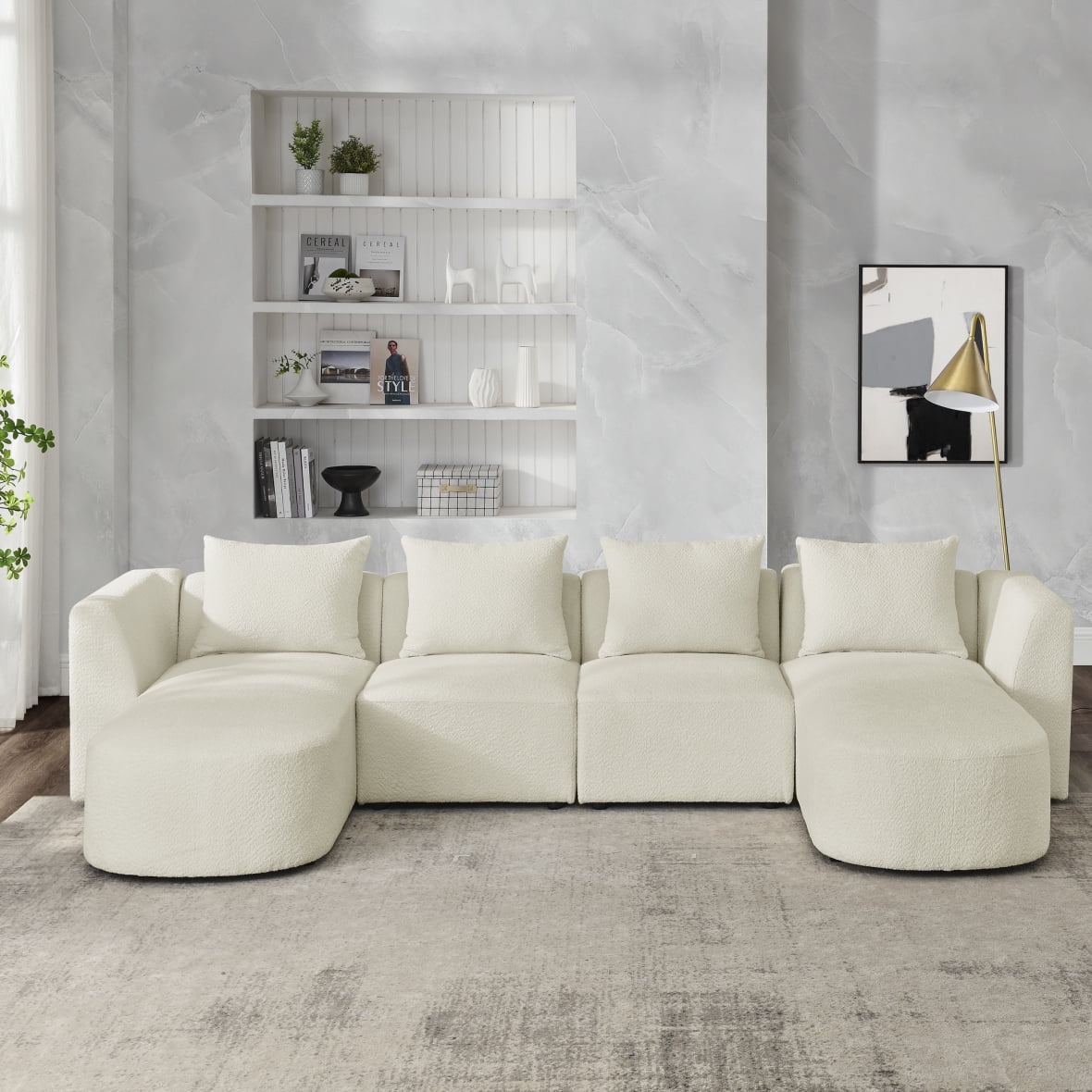 U-Shaped Sectional Sofa with 2 Seats, 2 Chaises, Ottoman, Pillows, Loop Yarn Fabric (Ivory)