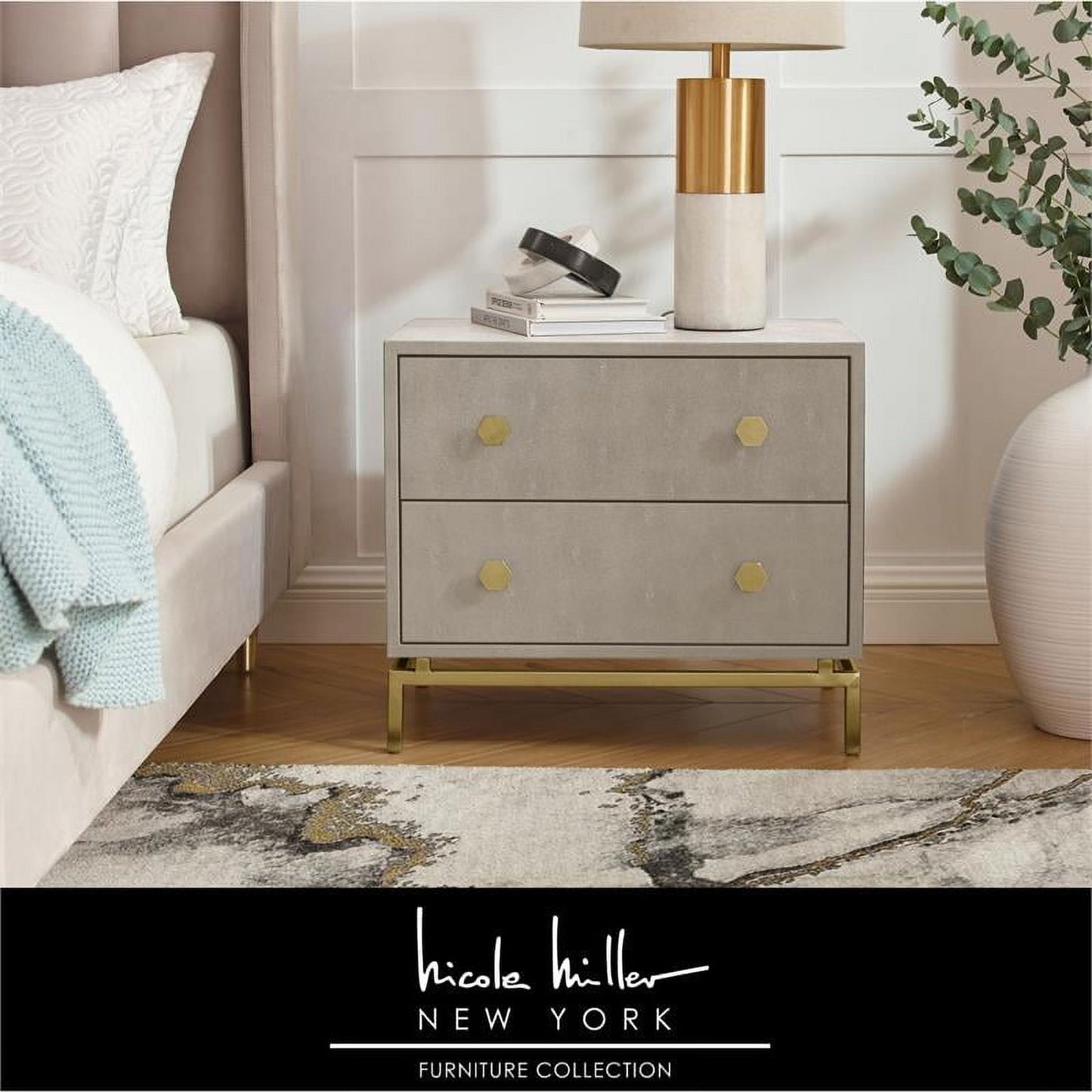 Taleah Faux Shagreen Side Table, Cream White/Gold