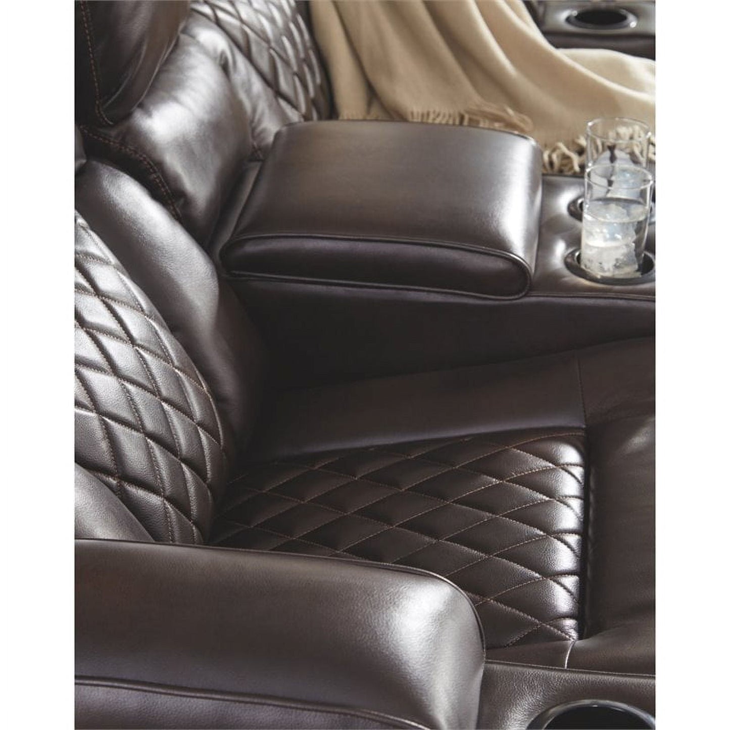 Ashley Warnerton Power Dual Reclining Loveseat with Console, Characteristic with Faux Leather in Chocolate