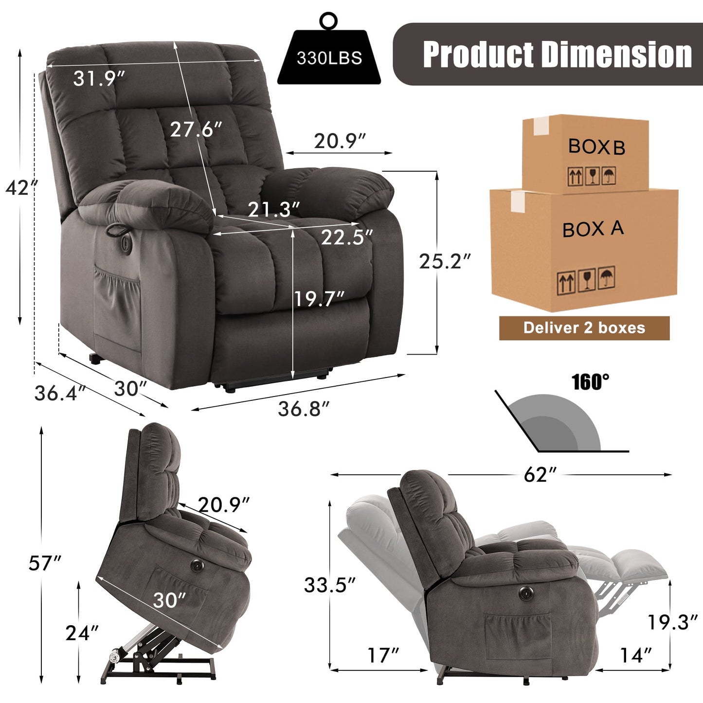 Electric Power Lift Recliner Chair with Heat & Massage, Velvet Fabric Heavy Duty Sofa for Home Living Room & Elderly