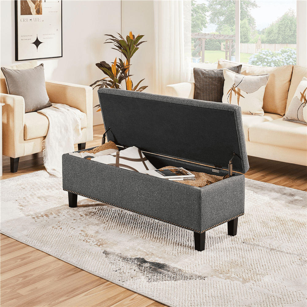 Alden Design 49in Modern Tufted Storage Bench for Entryway Bedroom, Dark Gray