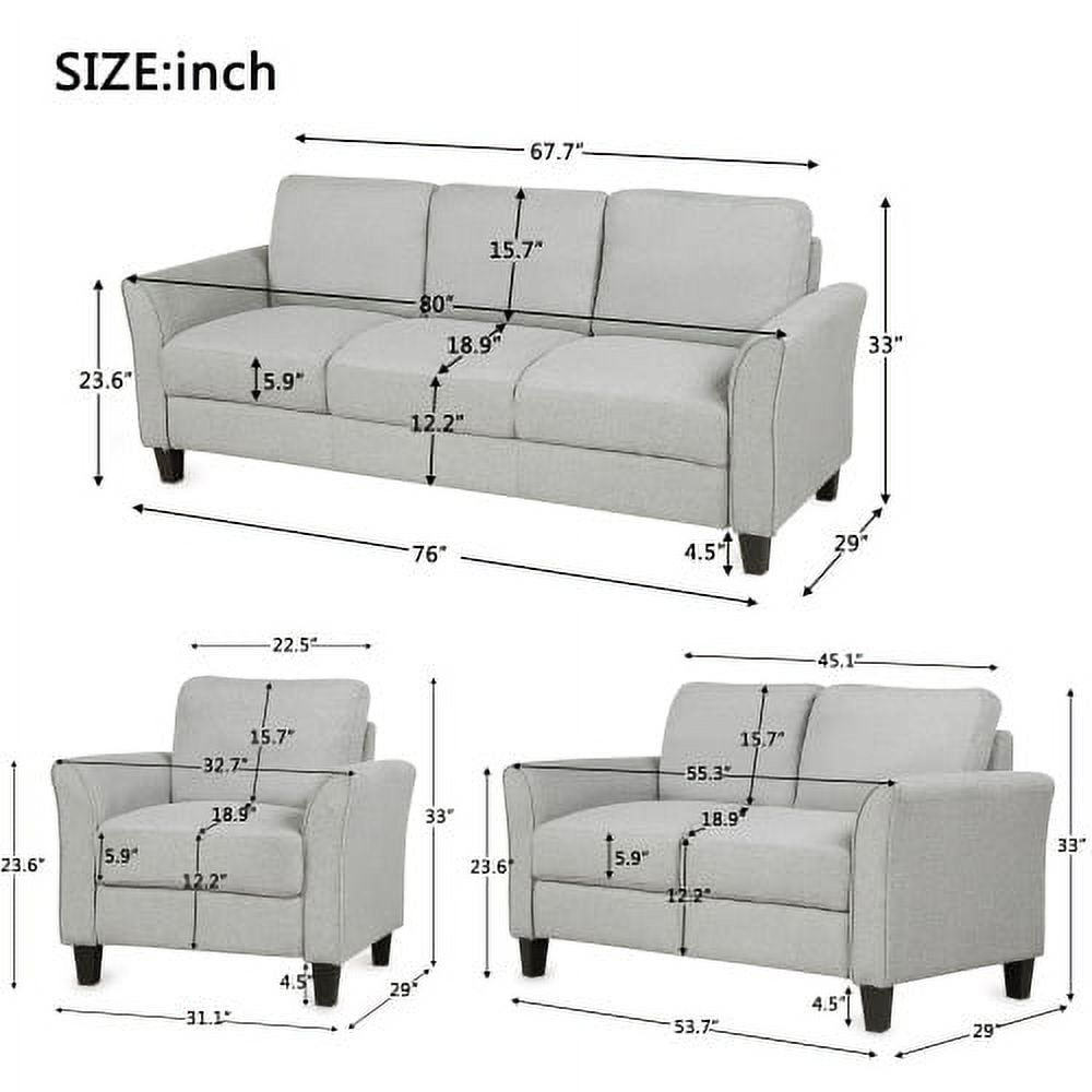 3 Piece Light Gray Sofa Set with Upholstered Fabric Armchair, Loveseat, and Couch