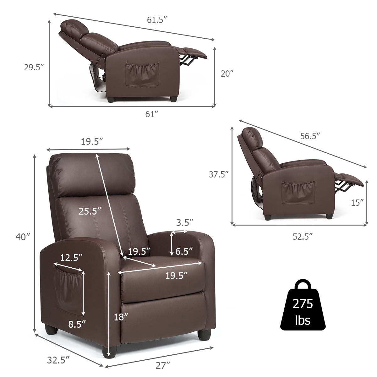 Vibrating Adjustable Massager Single Sofa Reclining Chair with Padded Seat