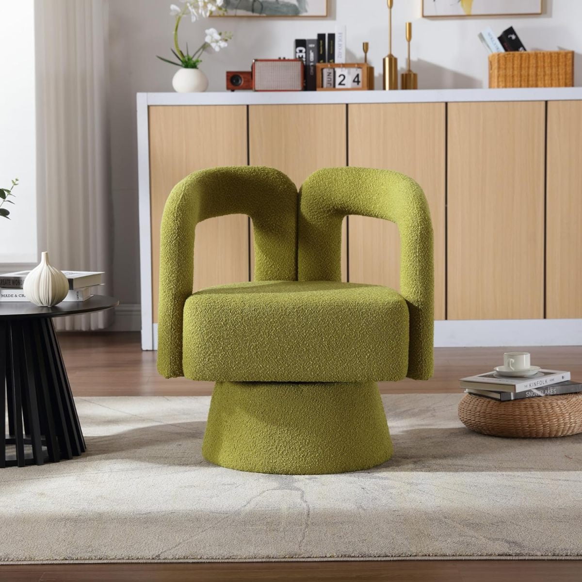 Tansole Swivel Accent Arm Chair Set of 2, Modern Boucle Upholstered 360 Degree Swivel Round Small Barrel Chair, Comfy Leisure Side Chair for Living Room, Bedroom,Olive Green,2