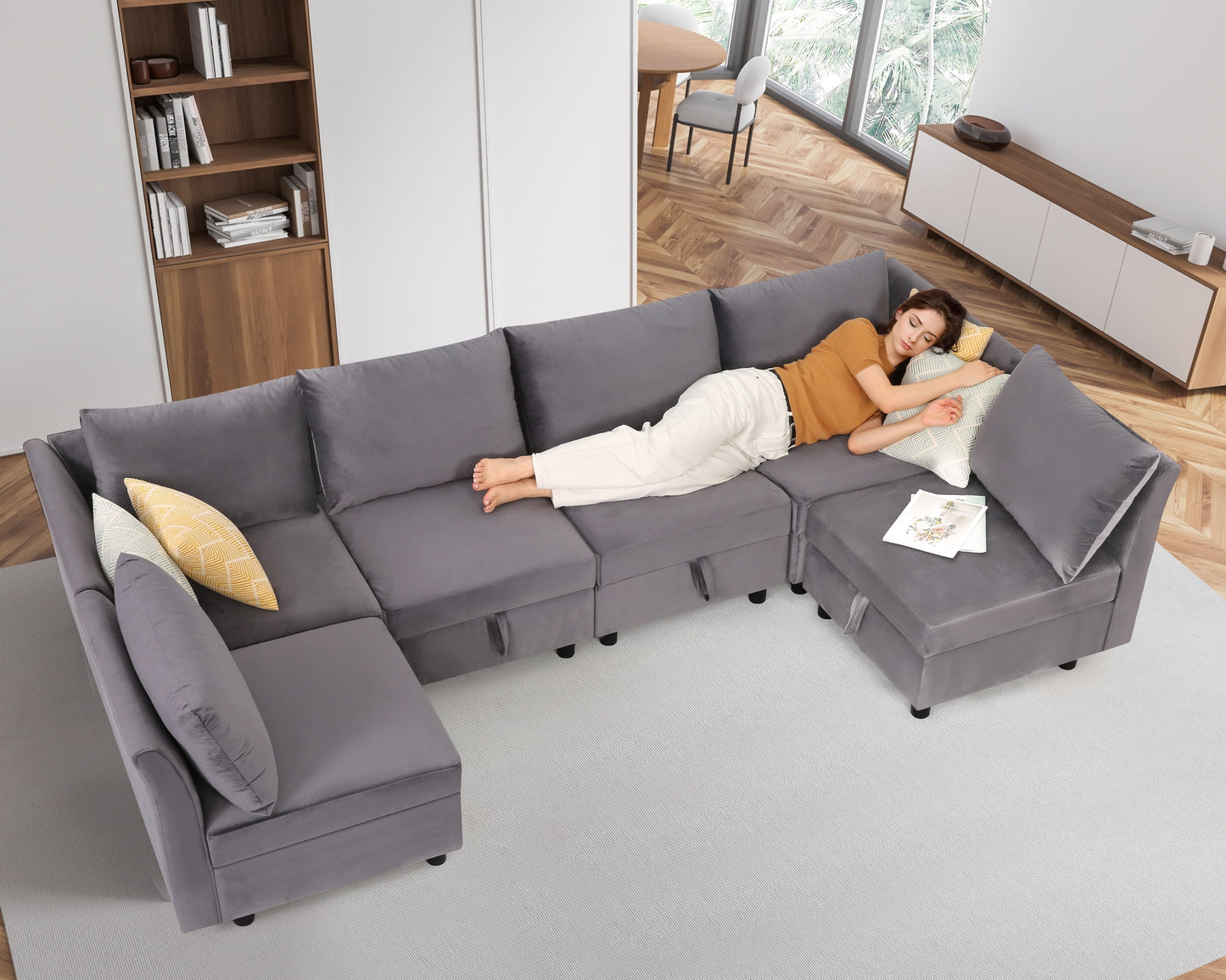 Funcid Modular Sofa and Couch, Modular Sectional Sleeper Couch with Storage, Oversized 6 Seat Convertible U Shaped Sectional Sofa for Home Living Room, Gray Velvet
