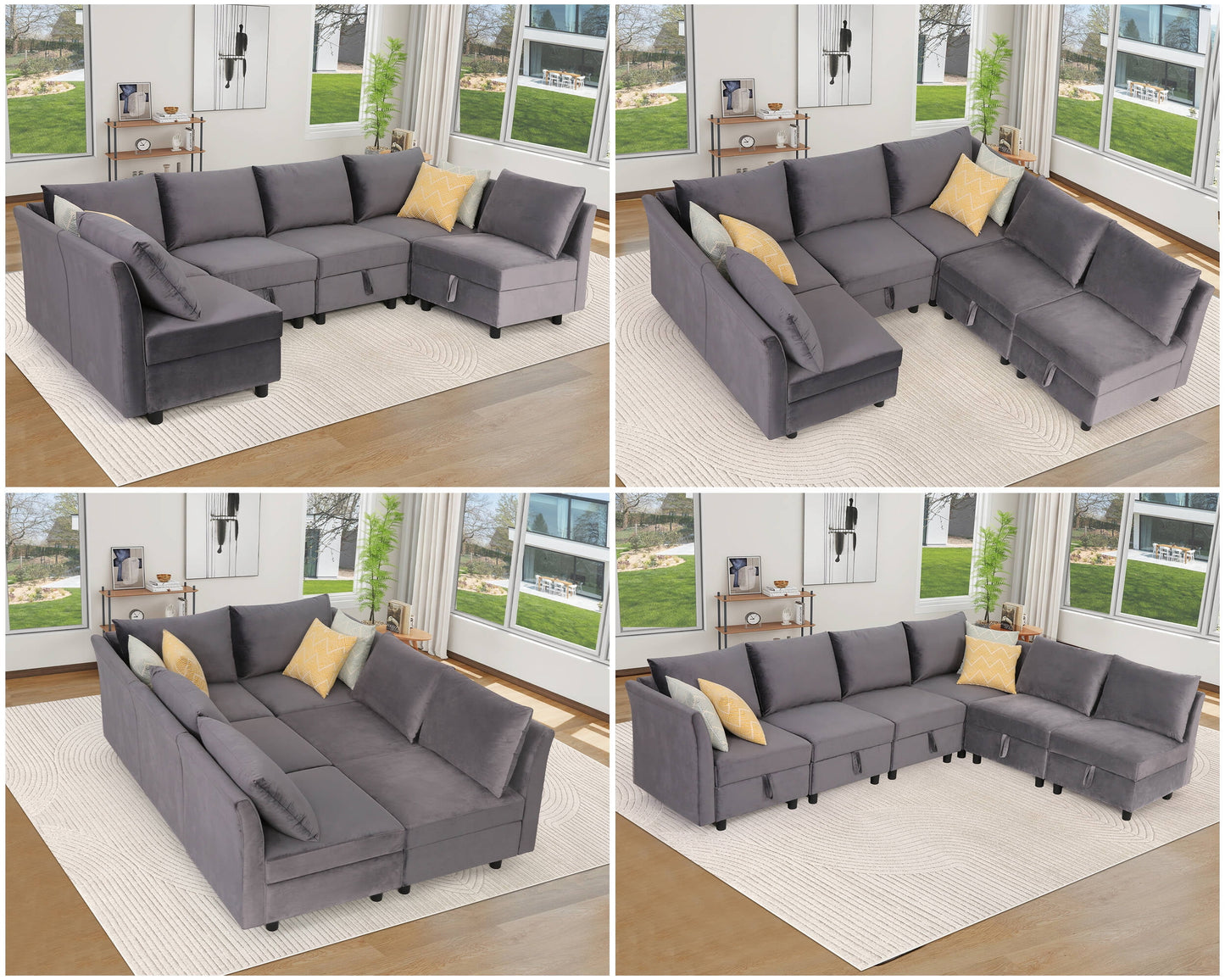 Funcid Modular Sofa and Couch, Modular Sectional Sleeper Couch with Storage, Oversized 6 Seat Convertible U Shaped Sectional Sofa for Home Living Room, Gray Velvet